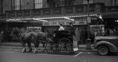 Actor in costume in a horse and carriage outside the Strand Theatre promoting "Life with Father"