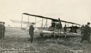 Charles K. Hamilton made the first airplane flight in British Columbia at Minoru Park Racetrack on March 25, 1910 in this Curtiss biplane.
