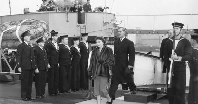 Princess Elizabeth and Philip, the Duke of Edinburgh, embarking on HMCS Crusader for Victoria October 21, 1951. [Photo: BC Archives NA-42089] [Photo: BC Archives NA-42089]