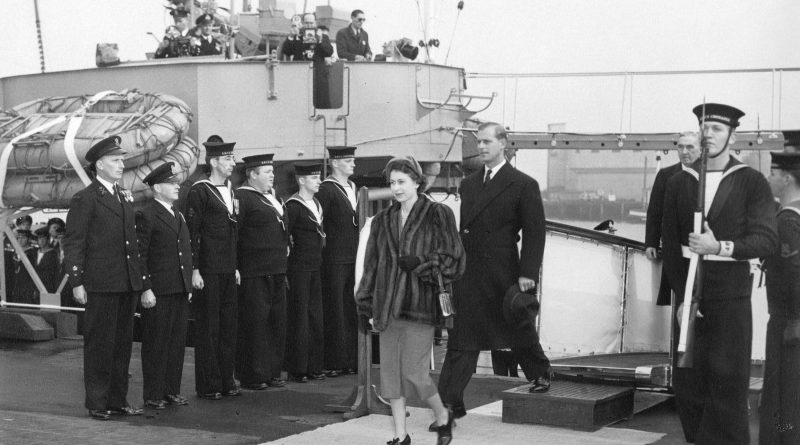 Princess Elizabeth and Philip, the Duke of Edinburgh, embarking on HMCS Crusader for Victoria October 21, 1951. [Photo: BC Archives NA-42089] [Photo: BC Archives NA-42089]