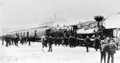 Canadian Pacific Railway arrival of the first through train at the seabord of British Columbia circa 1886. Jonathan Rogers of the Rogers Building arrived on this train. [City of Vancouver Archives AM54-S4-: Can P2]