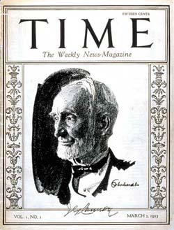 The first cover of TIME showed retired U.S. House Speaker Joseph G. Cannon.