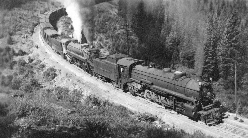 C. P. R. Steam Engs. #5813 and 5438 and train circa 193?. Jonathan Rogers of the Rogers Building arrived on this train. [City of Vancouver Archives CVA 447-1888]