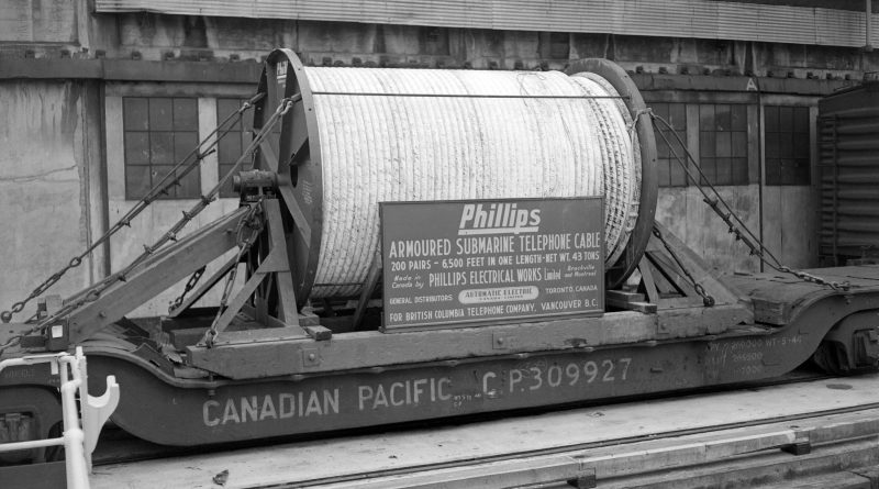 Phillips armoured submarine telephone cable for B.C. Telephone on a C.P.R. freight car. [City of Vancouver Archives CVA 1184-2905]