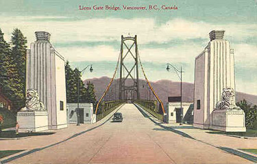 Postcard showing an artist's impression of the lions at the
Lions Gate Bridge