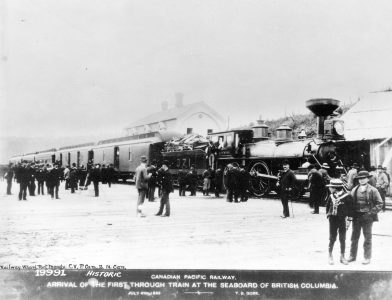 Canadian Pacific Railway arrival of the first through train at the seabord of British Columbia circa 1886. Jonathan Rogers of the Rogers Building arrived on this train. [City of Vancouver Archives AM54-S4-: Can P2]