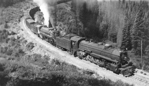 C. P. R. Steam Engs. #5813 and 5438 and train circa 193?. Jonathan Rogers of the Rogers Building arrived on this train. [City of Vancouver Archives CVA 447-1888]